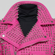 Women's Hot Pink Studded Leather Biker Jacket — Tilton