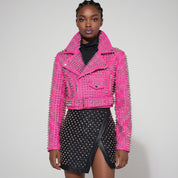 Women's Hot Pink Studded Leather Biker Jacket — Tilton