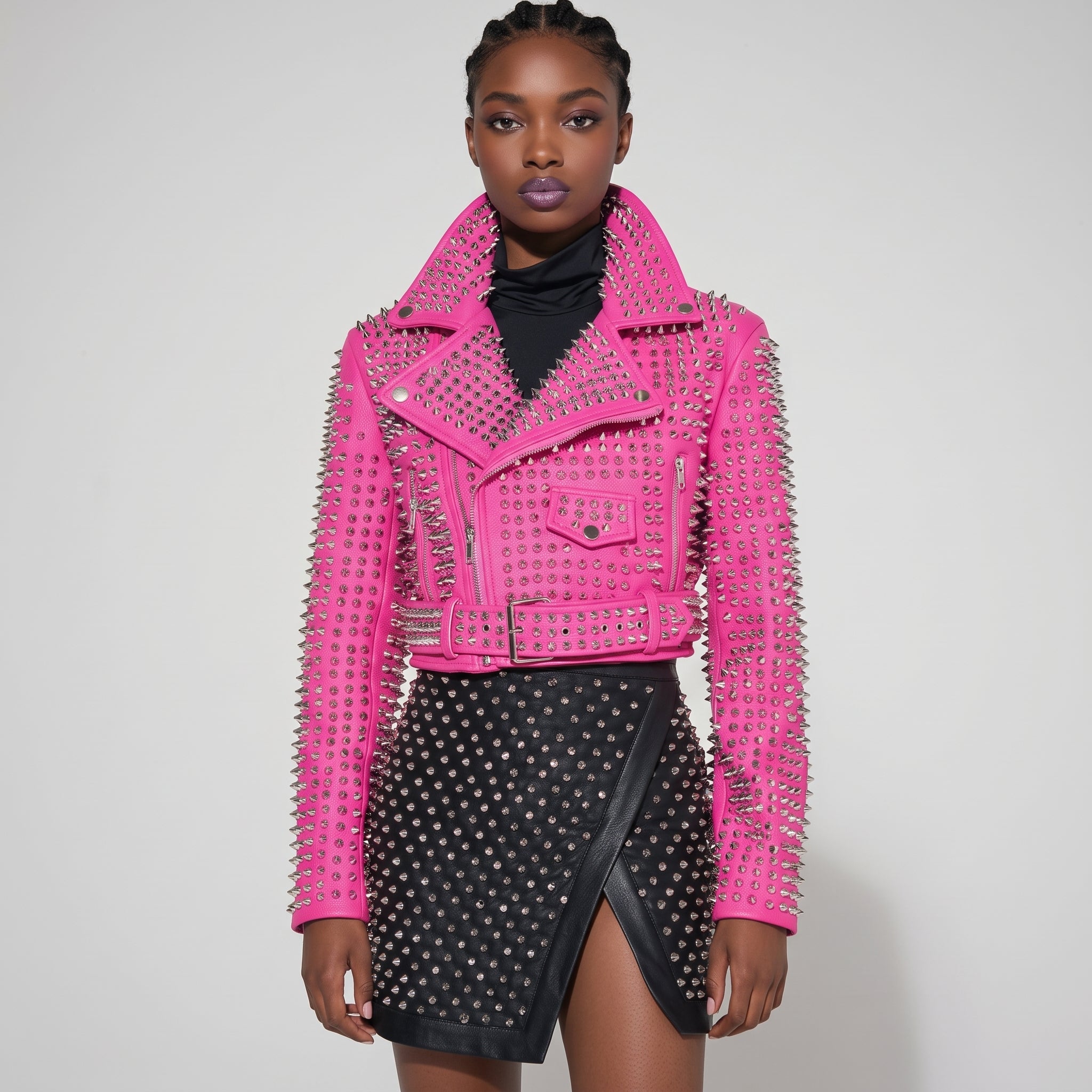 Women's Hot Pink Studded Leather Biker Jacket — Tilton