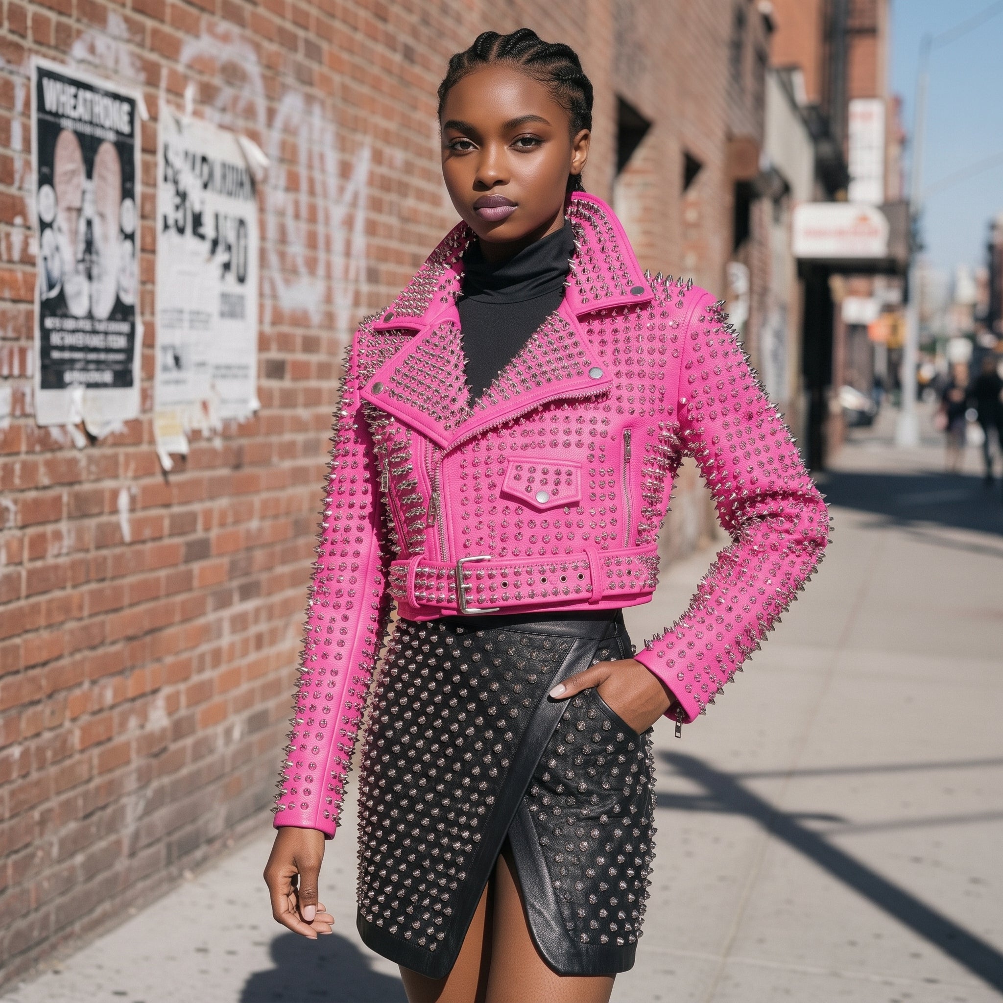 Women's Handmade Hot Pink Studded Leather Moto Jacket | Rebels Market