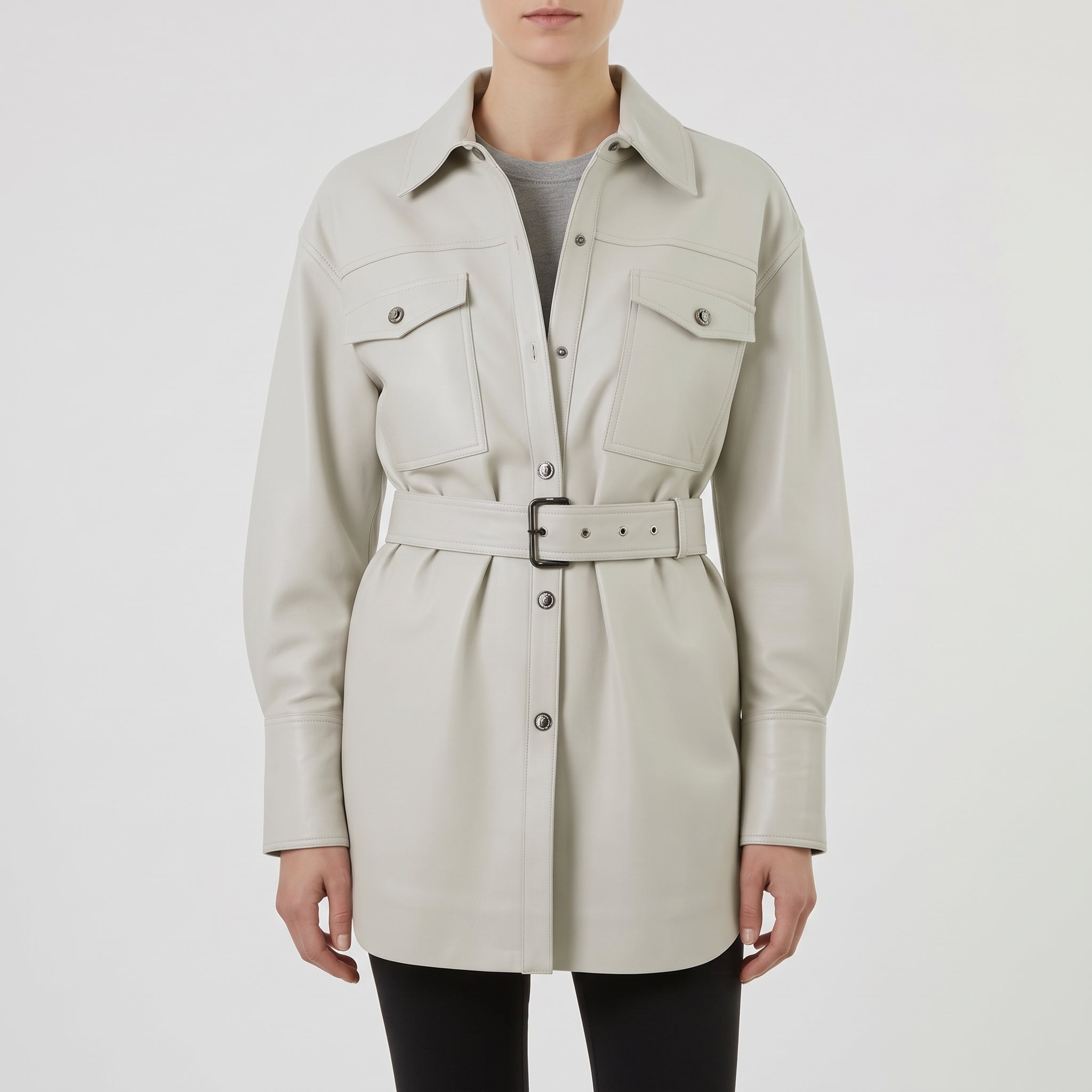 Women's Light Grey Leather Trench Jacket — Aldous