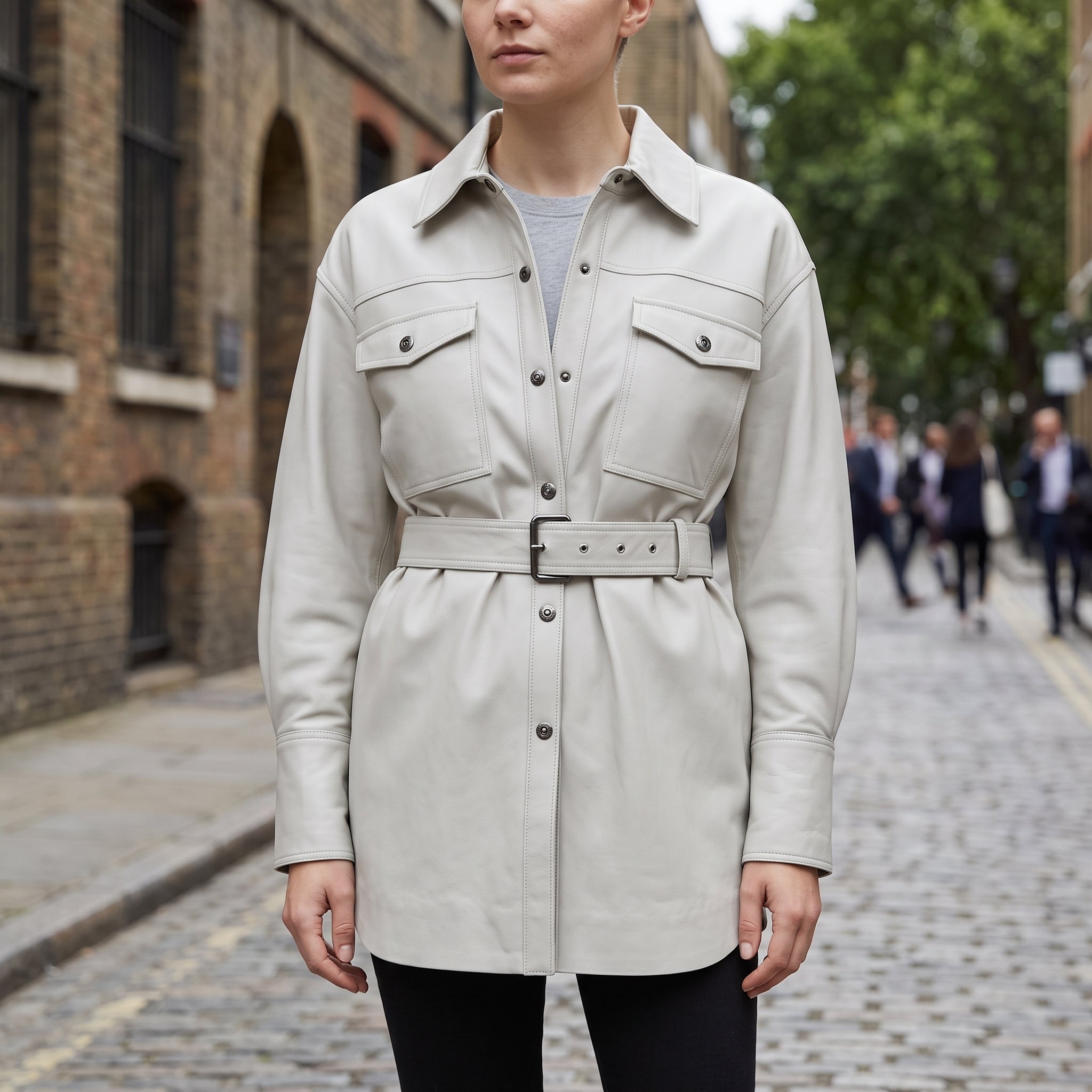 Women's Light Grey Leather Trench Jacket — Aldous