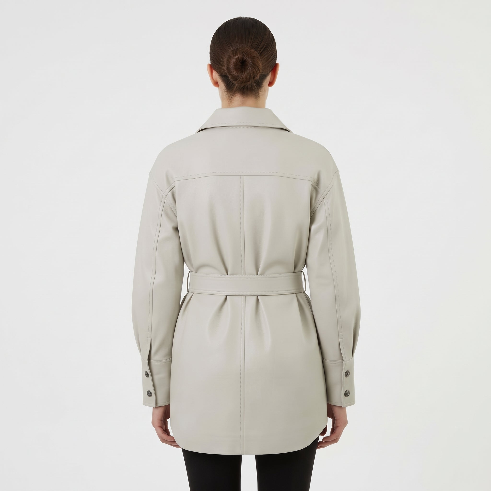Women's Light Grey Leather Trench Jacket — Aldous