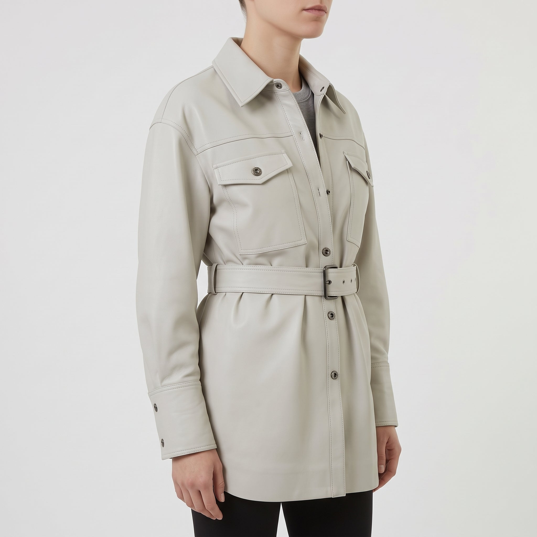 Women's Light Grey Leather Trench Jacket — Aldous