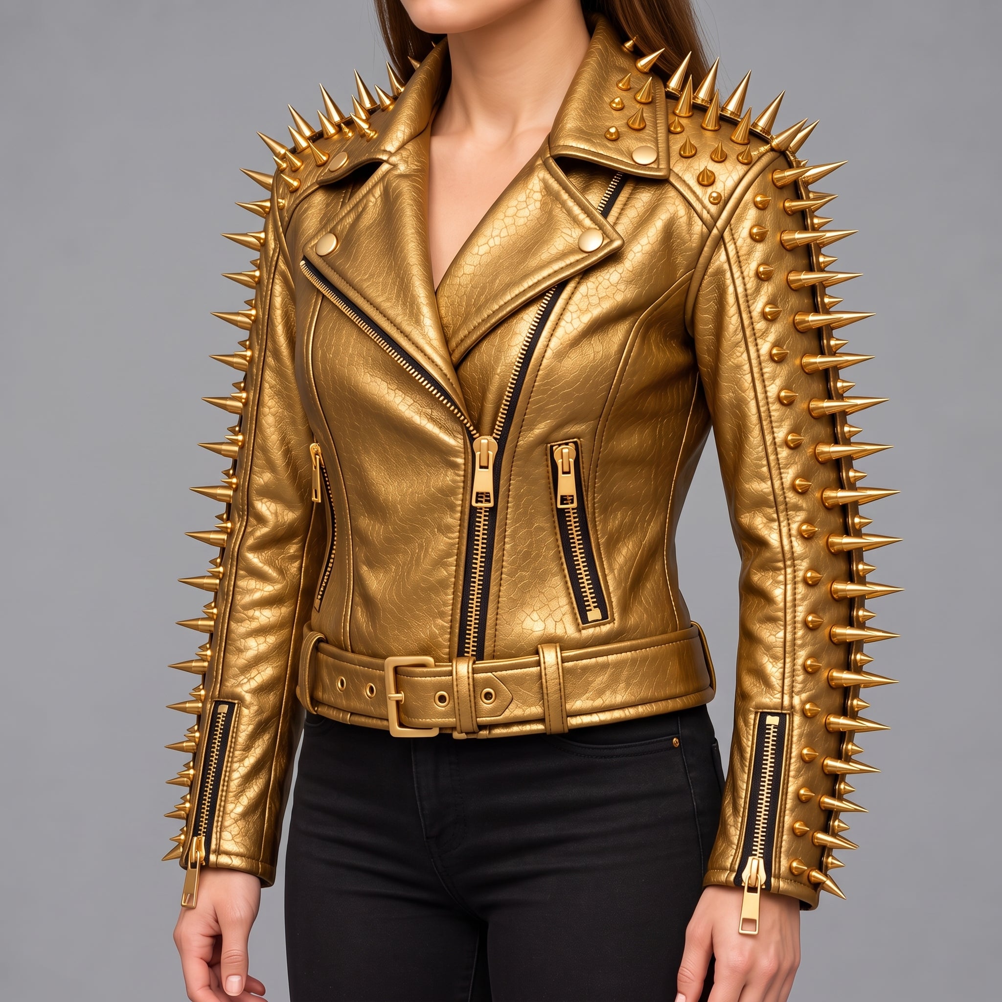 Women's Gold Leather Biker Jacket — Acley