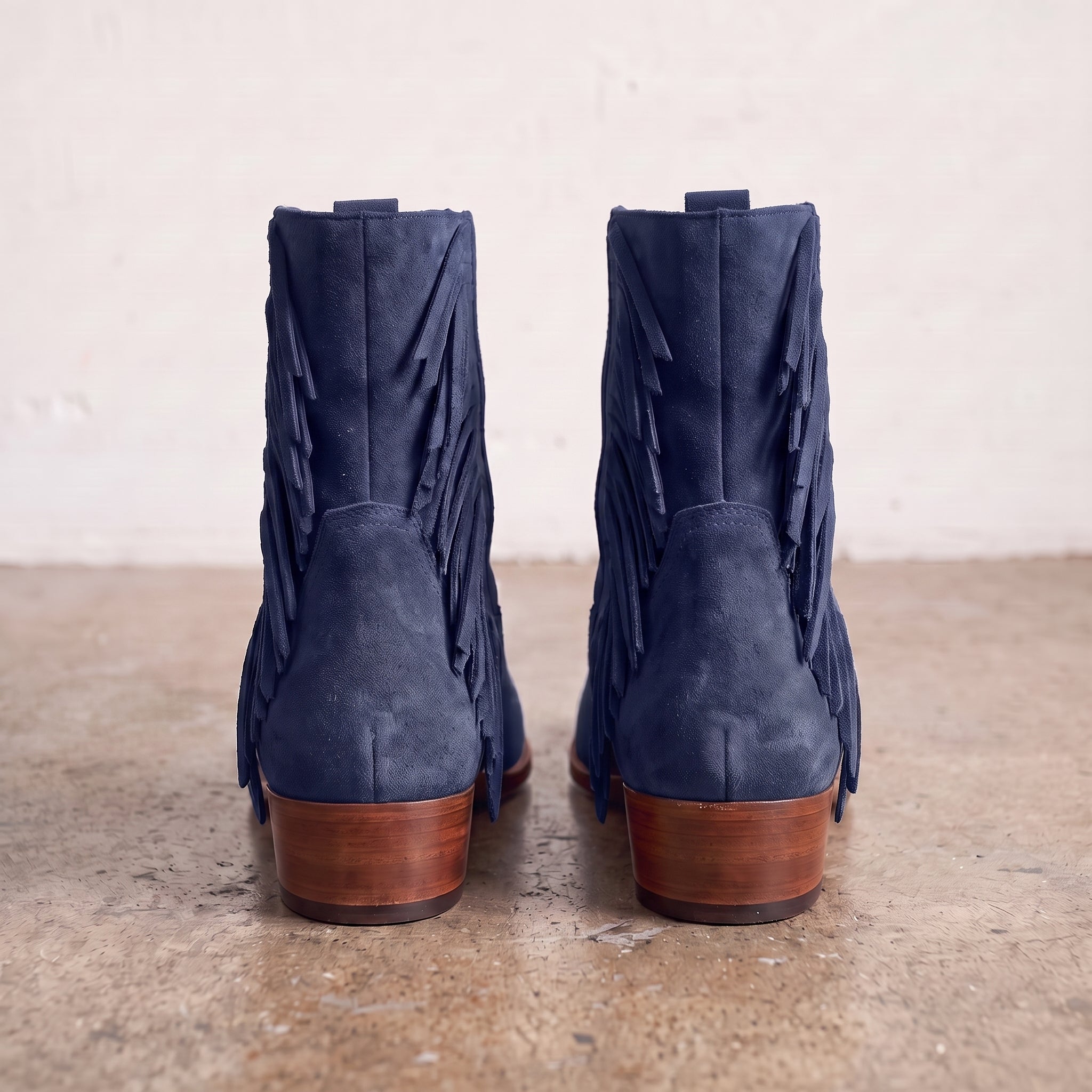 Women's Navy Blue Fringe Suede Western Boots — Crawford