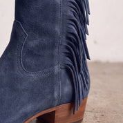 Women's Navy Blue Fringe Suede Western Boots — Crawford