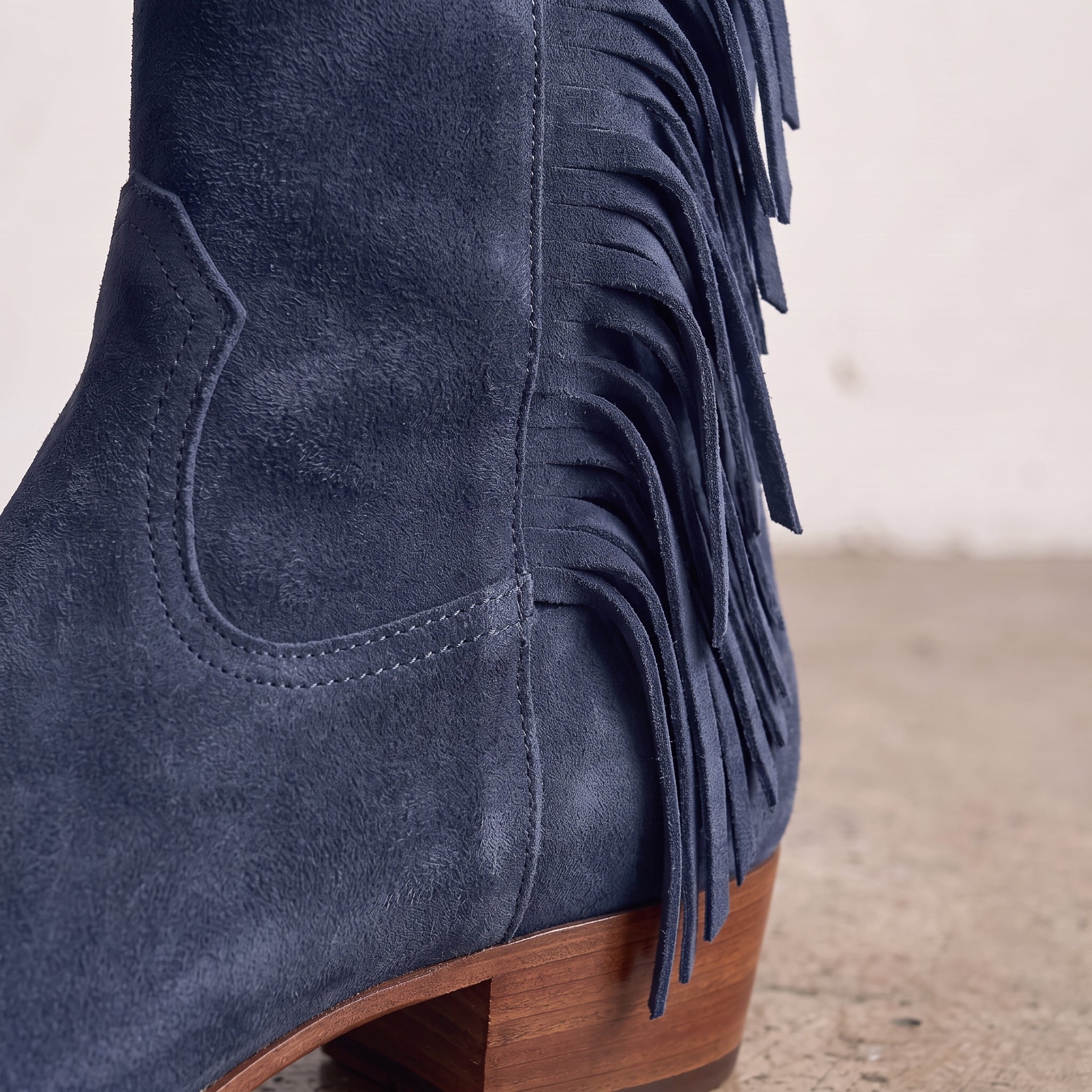 Women's Navy Blue Fringe Suede Western Boots — Crawford