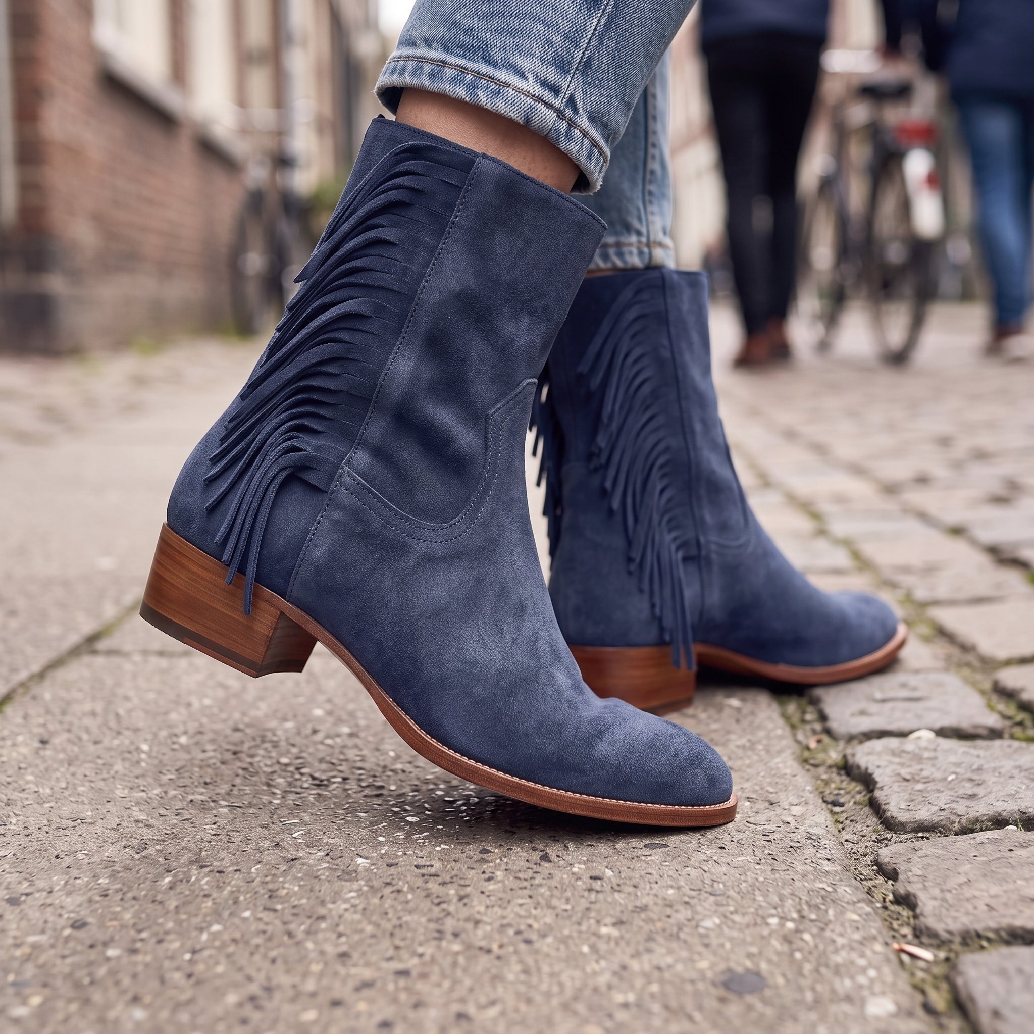 Women's Navy Blue Fringe Suede Western Boots — Crawford