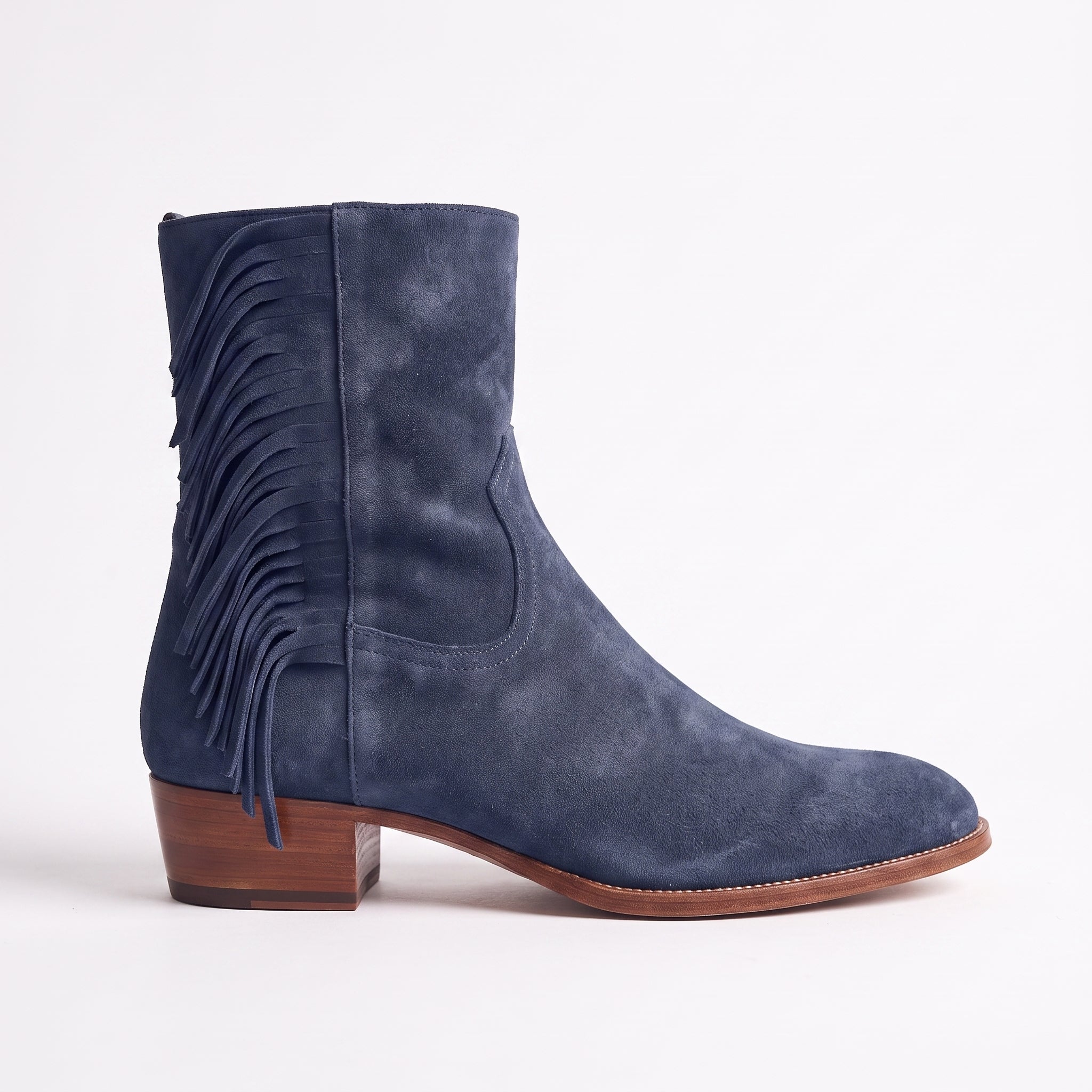 Women's Navy Blue Fringe Suede Western Boots — Crawford