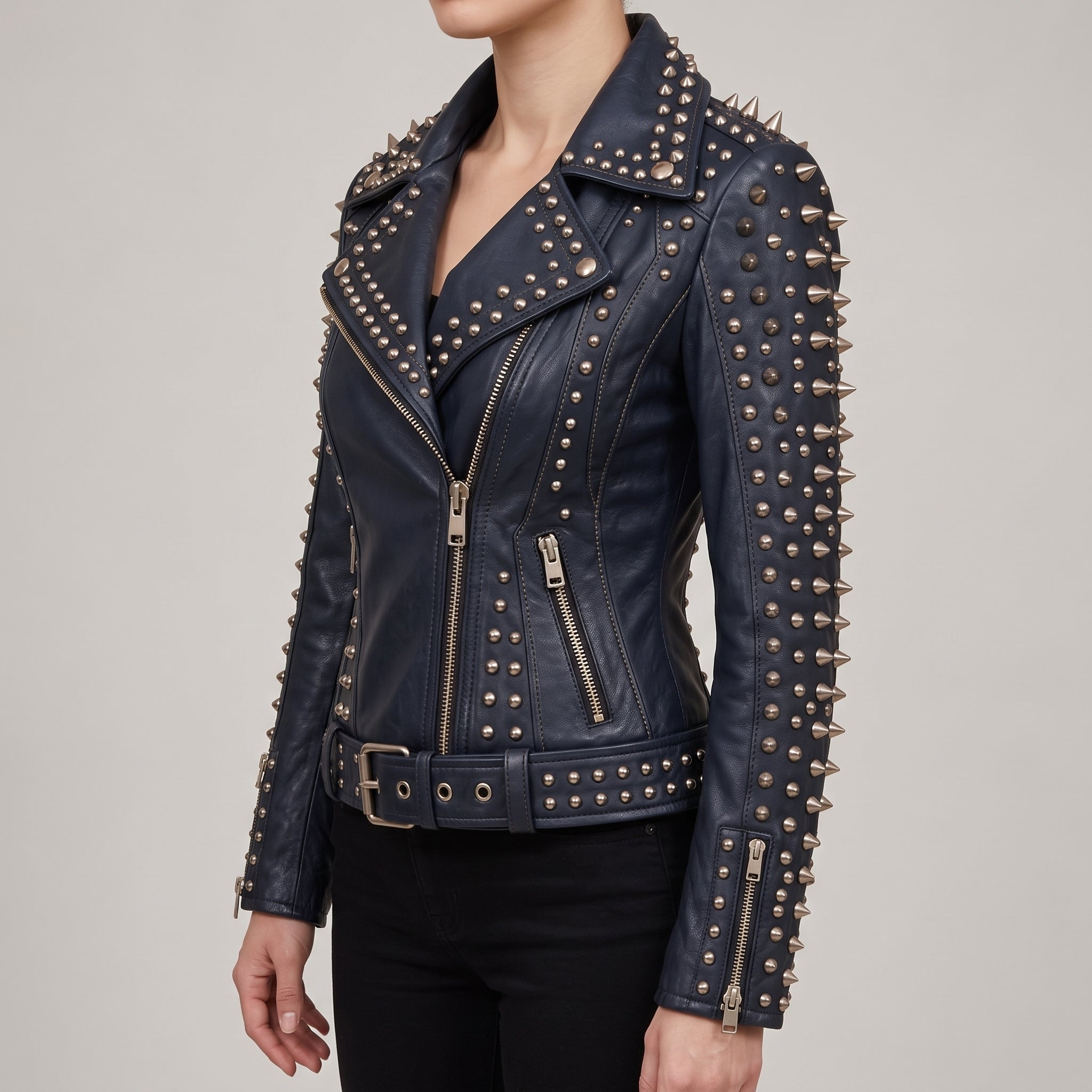 Women's Navy Blue Studded Leather Biker Jacket — Acreley