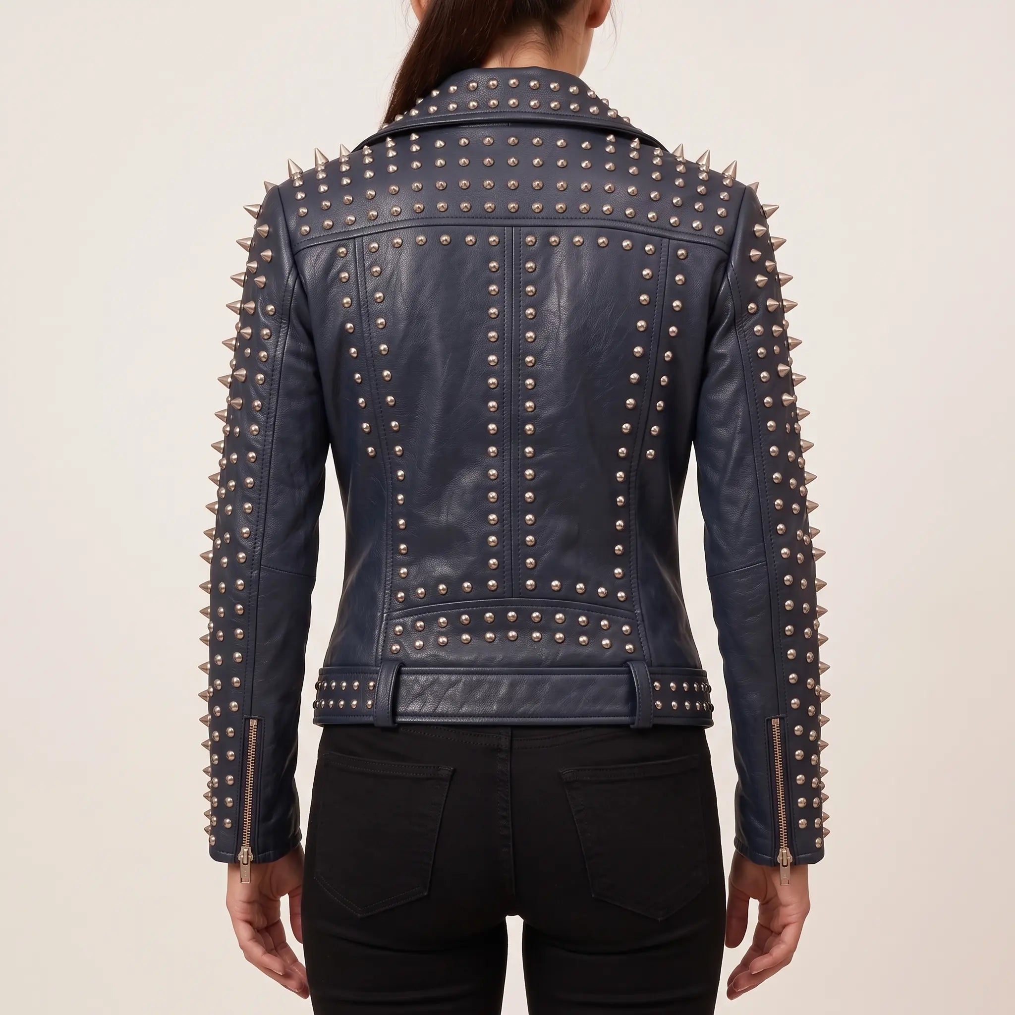 Women's Navy Blue Studded Leather Biker Jacket — Acreley