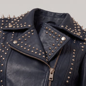 Women's Navy Blue Studded Leather Biker Jacket — Acreley