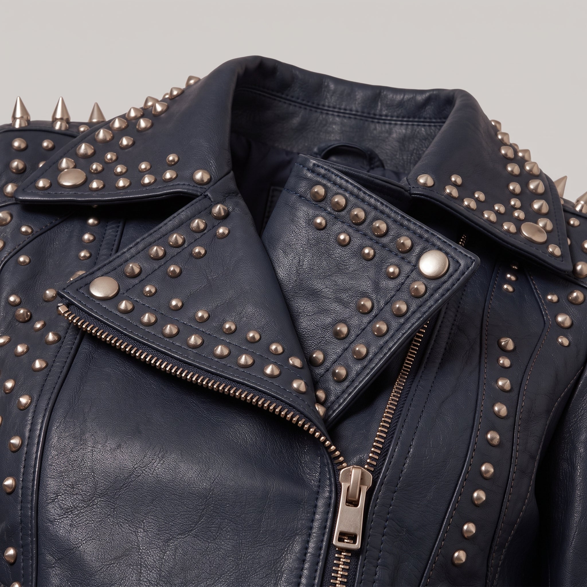 Women's Navy Blue Studded Leather Biker Jacket — Acreley
