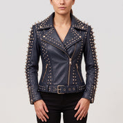 Women's Navy Blue Studded Leather Biker Jacket — Acreley