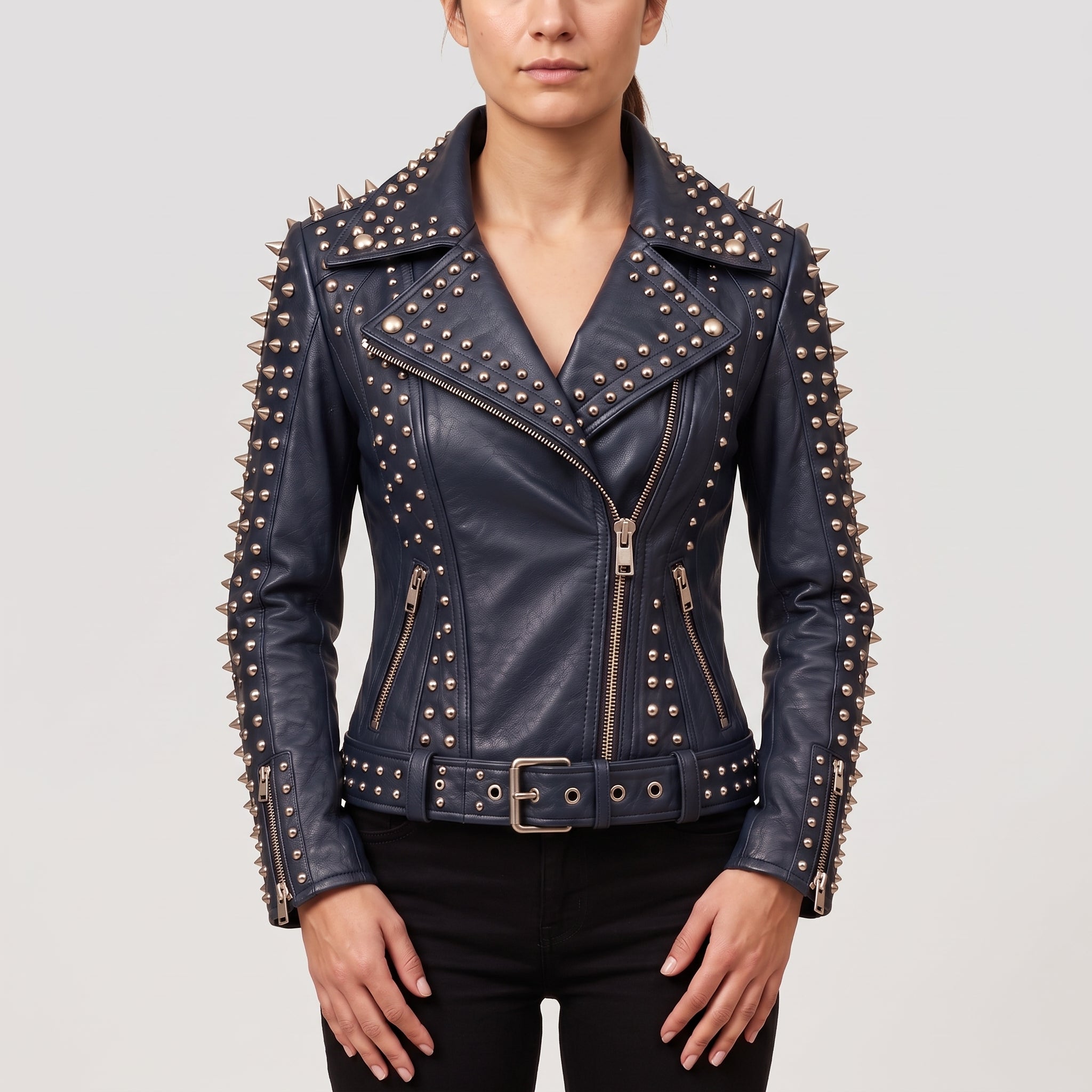 Women's Navy Blue Studded Leather Biker Jacket — Acreley