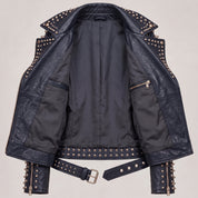 Women's Navy Blue Studded Leather Biker Jacket — Acreley