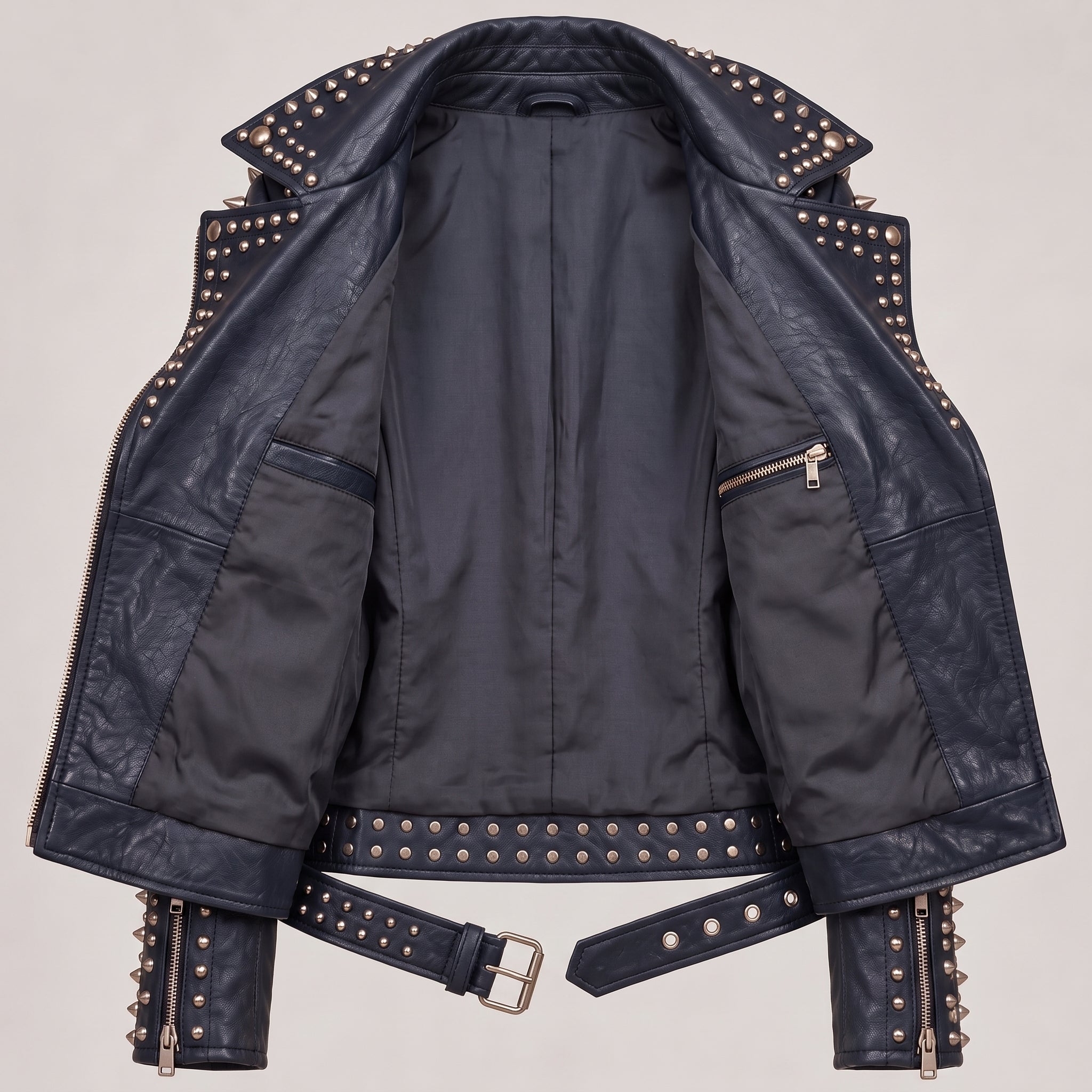 Women's Navy Blue Studded Leather Biker Jacket — Acreley
