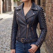 Women's Navy Blue Studded Leather Biker Jacket — Acreley