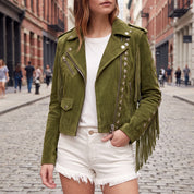 Women's Olive Green Studded Fringe Suede Biker Jacket — Bellwood