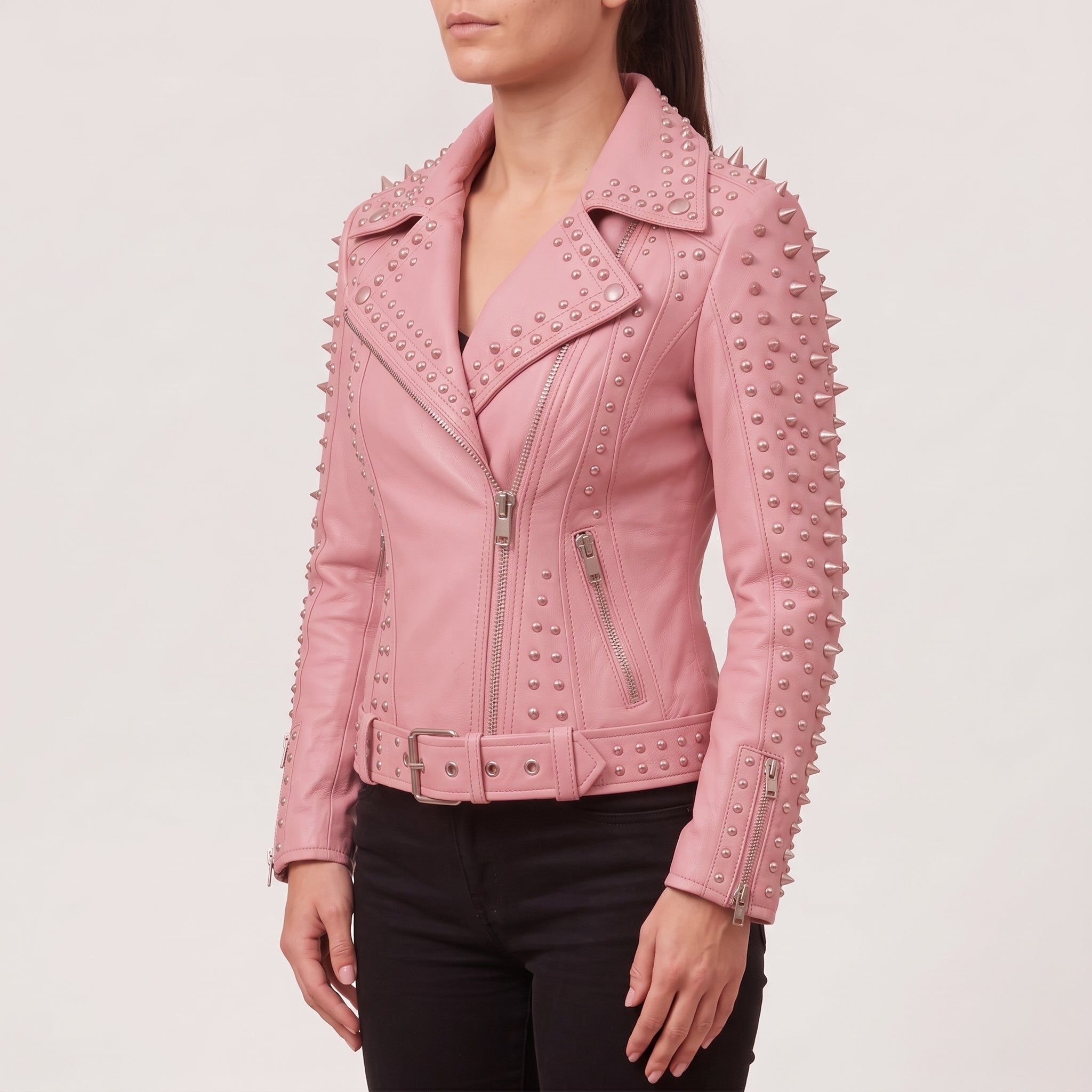 Women's Pink Studded Leather Biker Jacket — Acreley