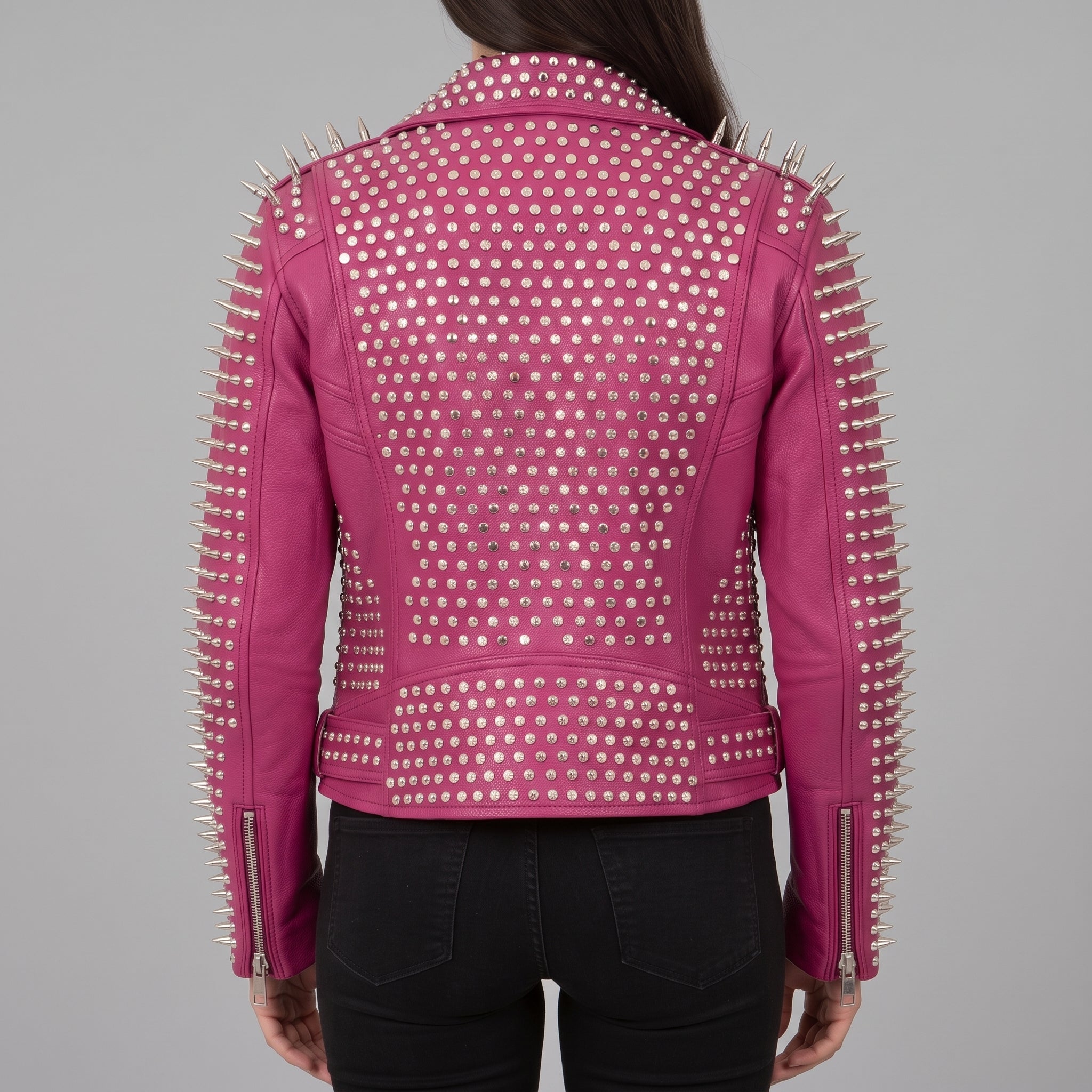 Women's Pink Studded Leather Biker Jacket — Holden