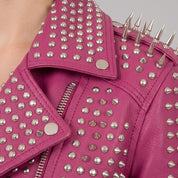 Women's Pink Studded Leather Biker Jacket — Holden