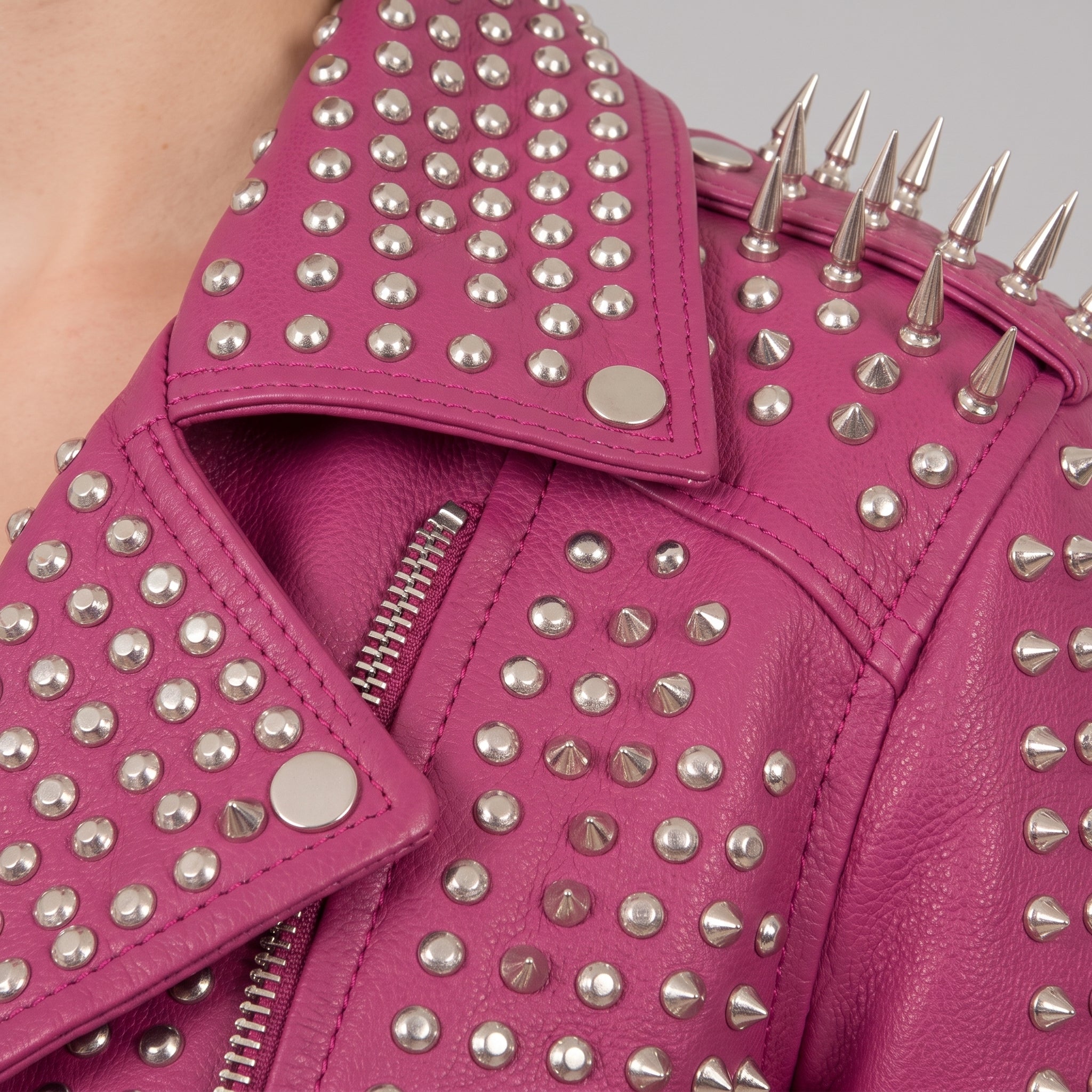 Women's Pink Studded Leather Biker Jacket — Holden