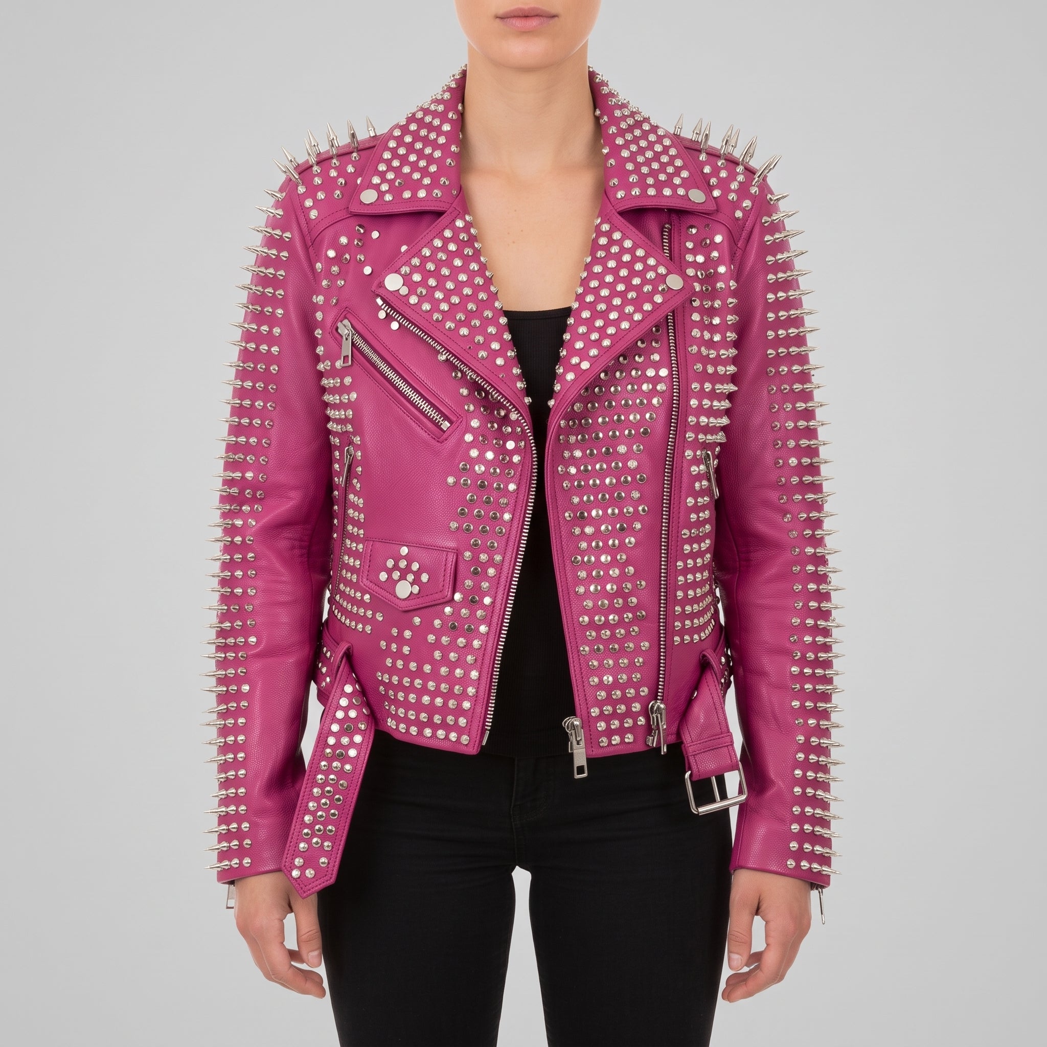 Women's Pink Studded Leather Biker Jacket — Holden