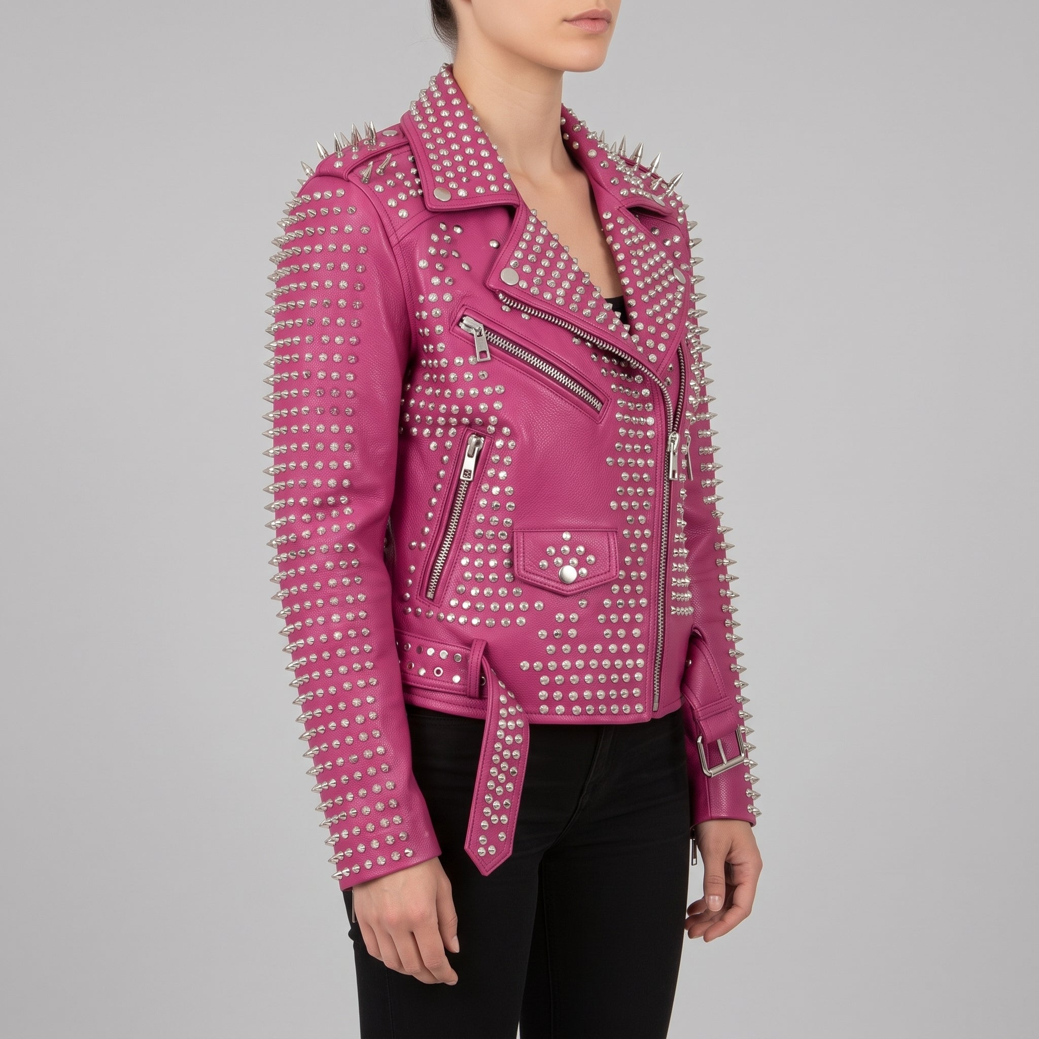 Women's Pink Studded Leather Biker Jacket — Holden