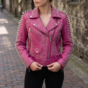 Women's Pink Studded Leather Biker Jacket — Holden