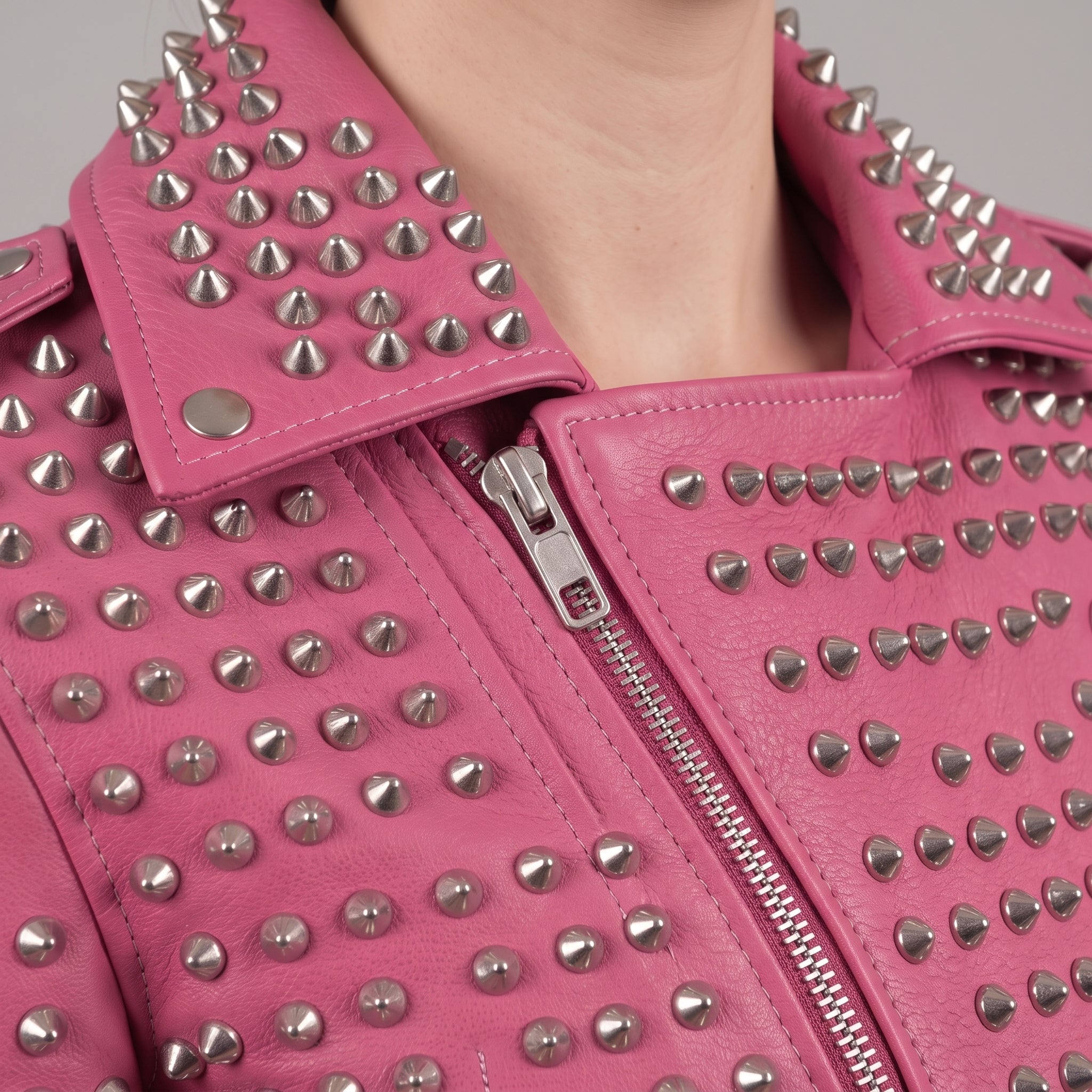 Women's Pink Studded Leather Biker Jacket — Lowton