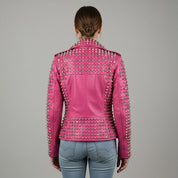 Women's Pink Studded Leather Biker Jacket — Lowton