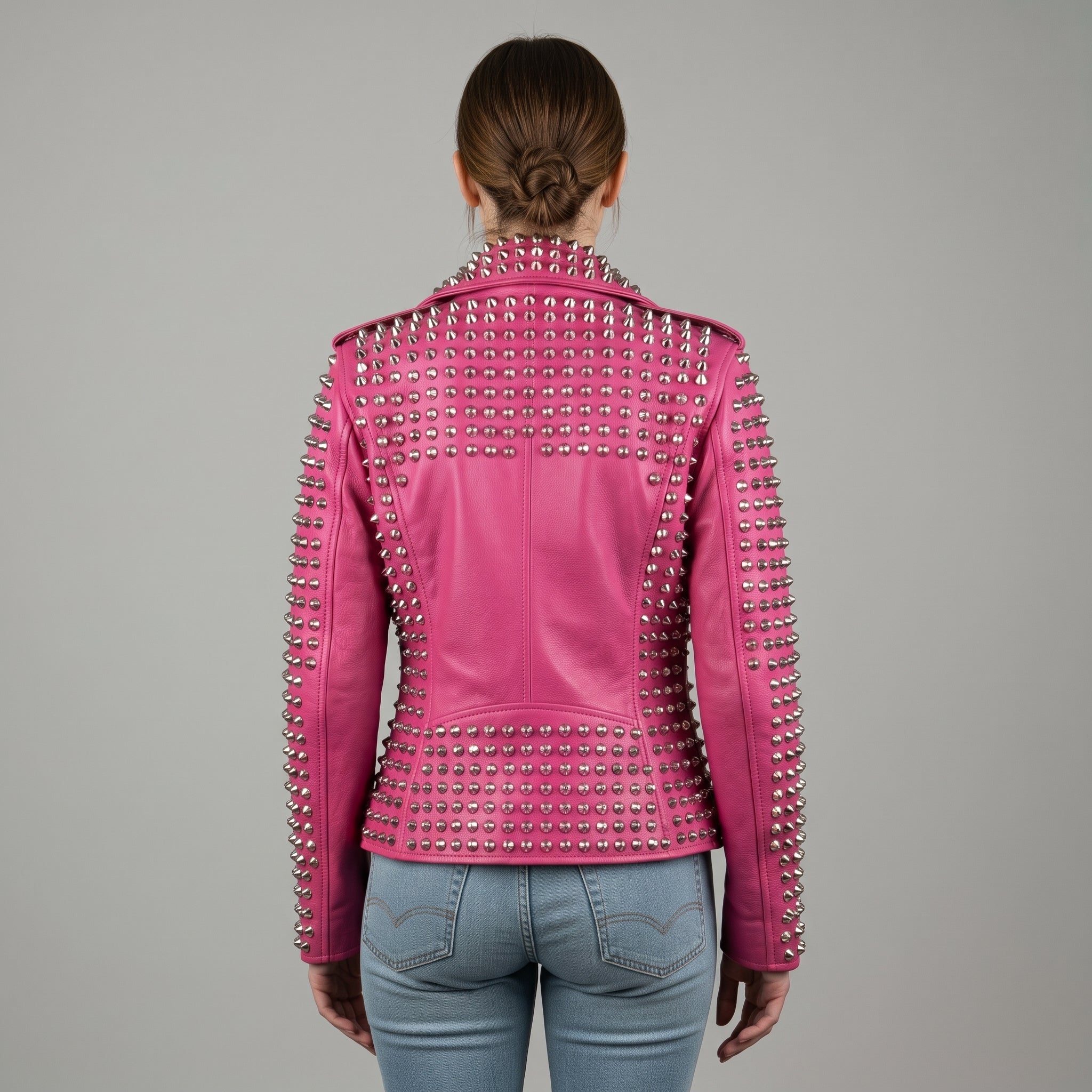 Women's Pink Studded Leather Biker Jacket — Lowton