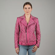 Women's Pink Studded Leather Biker Jacket — Lowton