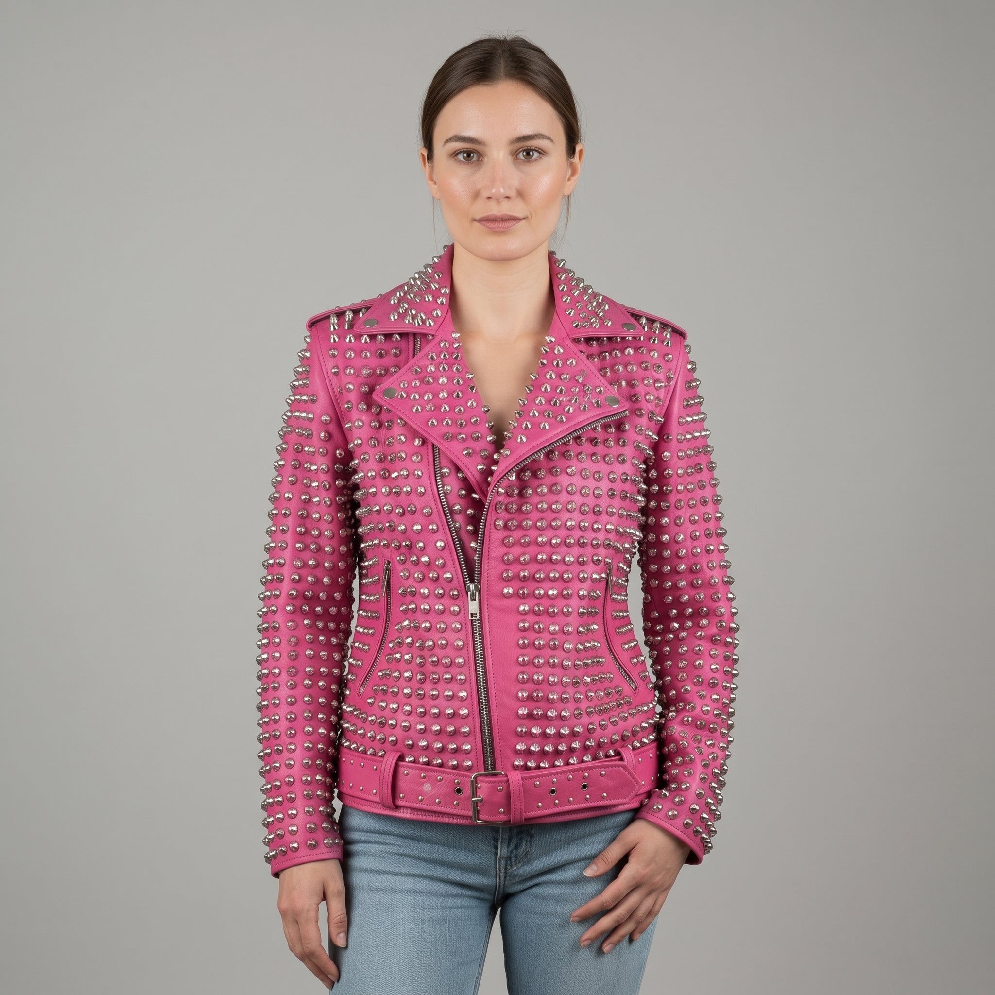 Women's Pink Studded Leather Biker Jacket — Lowton