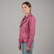 Women's Pink Studded Leather Biker Jacket — Lowton