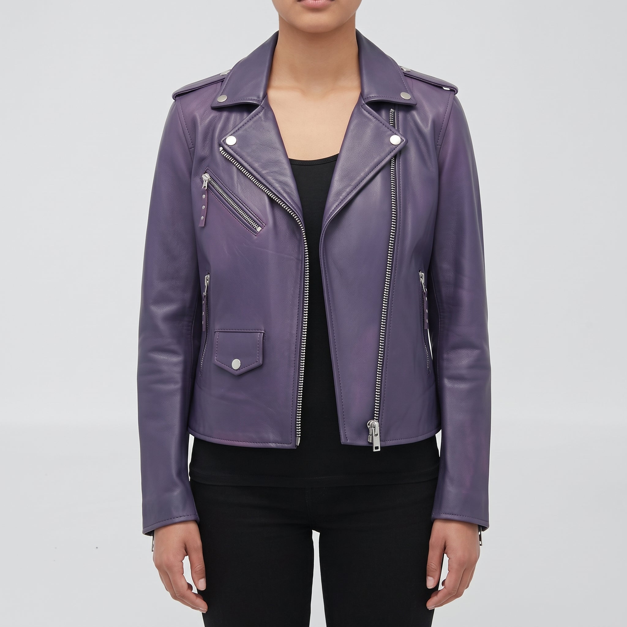 Women's Purple Leather Biker Jacket — Tyndall