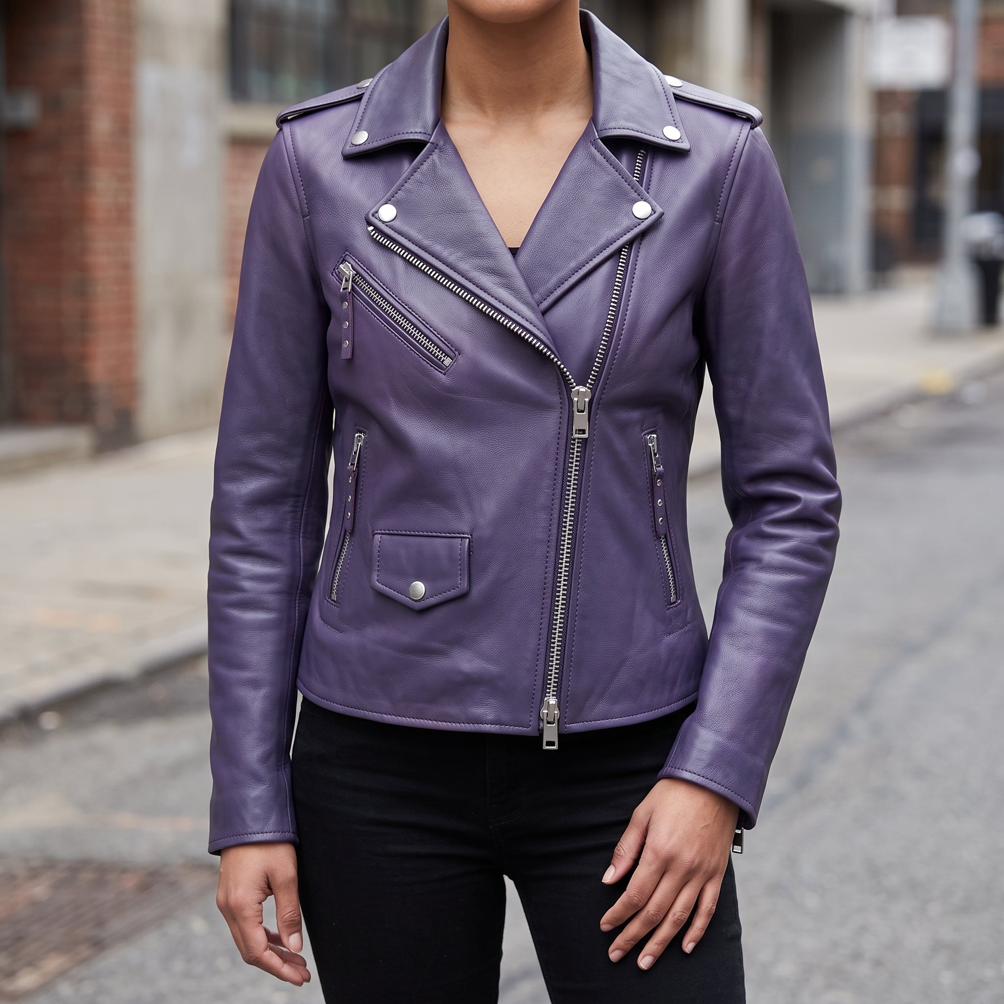 Women's Purple Leather Biker Jacket — Tyndall