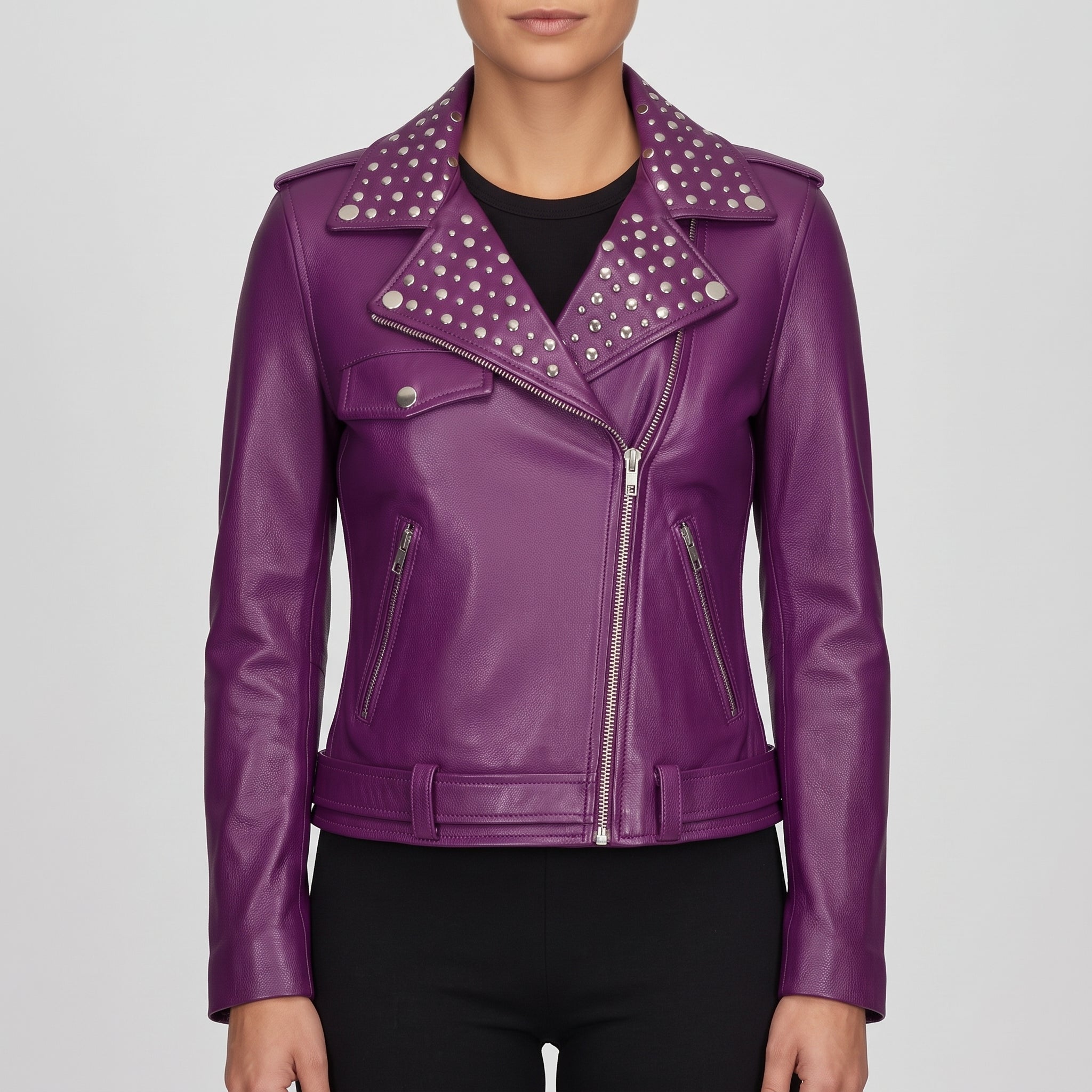 Women's Purple Studded Leather Biker Jacket — Greenwood