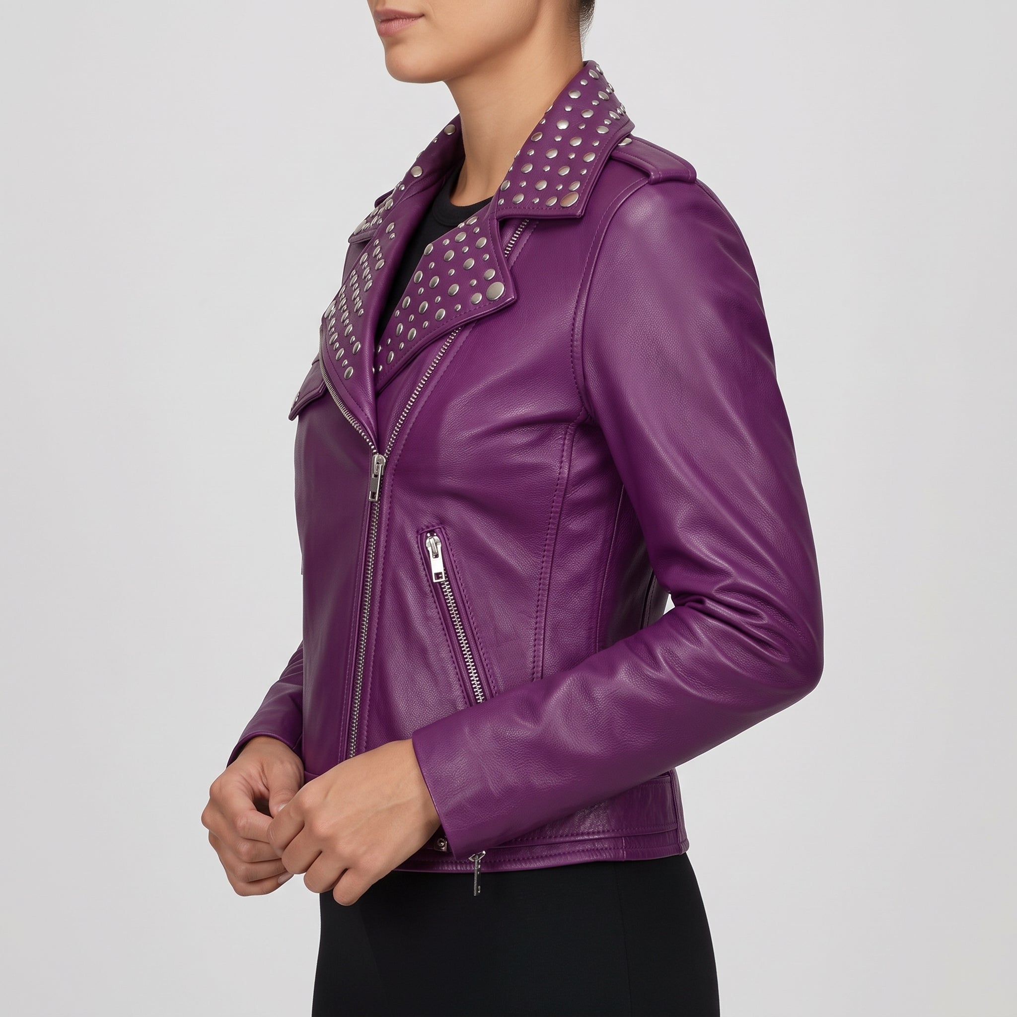 Women's Purple Studded Leather Biker Jacket — Greenwood