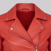 Women's Red Asymmetric Zip Leather Biker Jacket — Mortimer