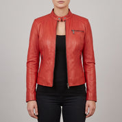 Women's Red Leather Cafe Racer Jacket — Clawson