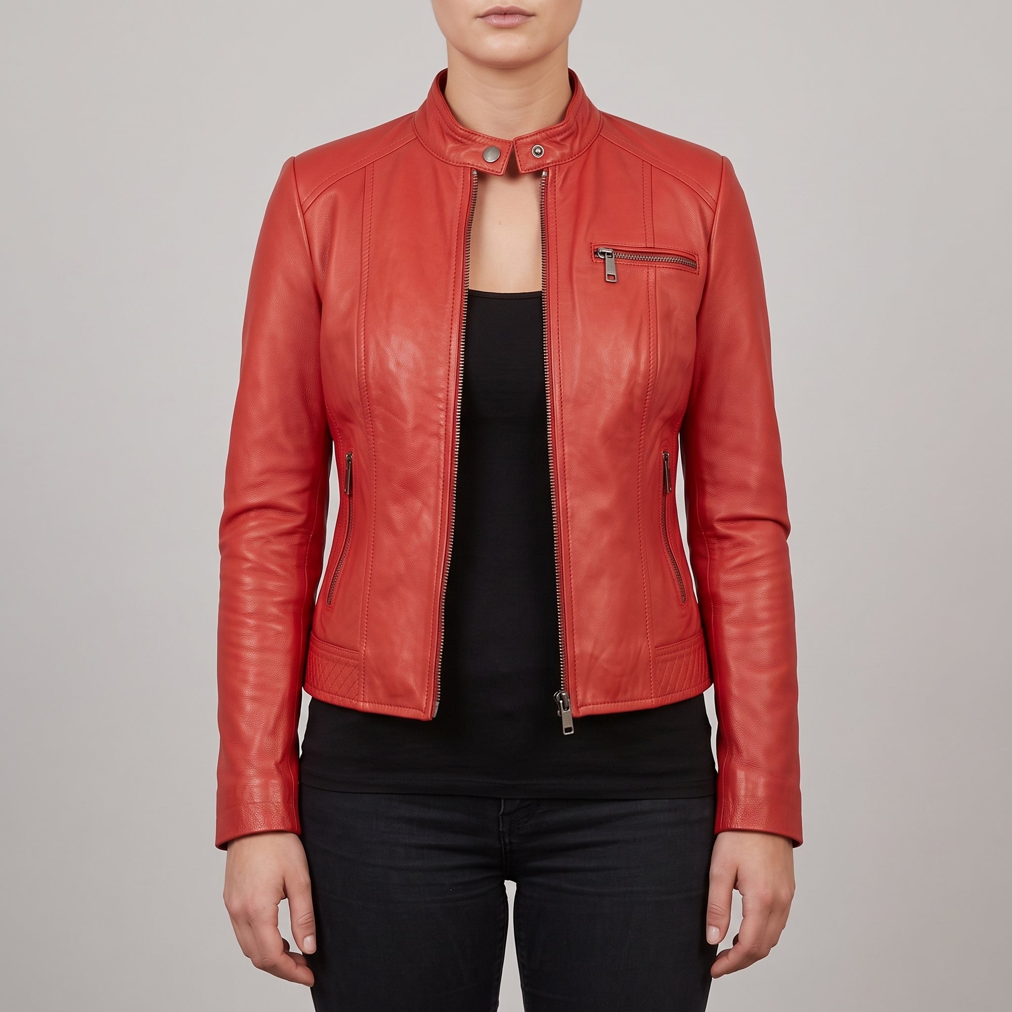 Women's Red Leather Cafe Racer Jacket — Clawson