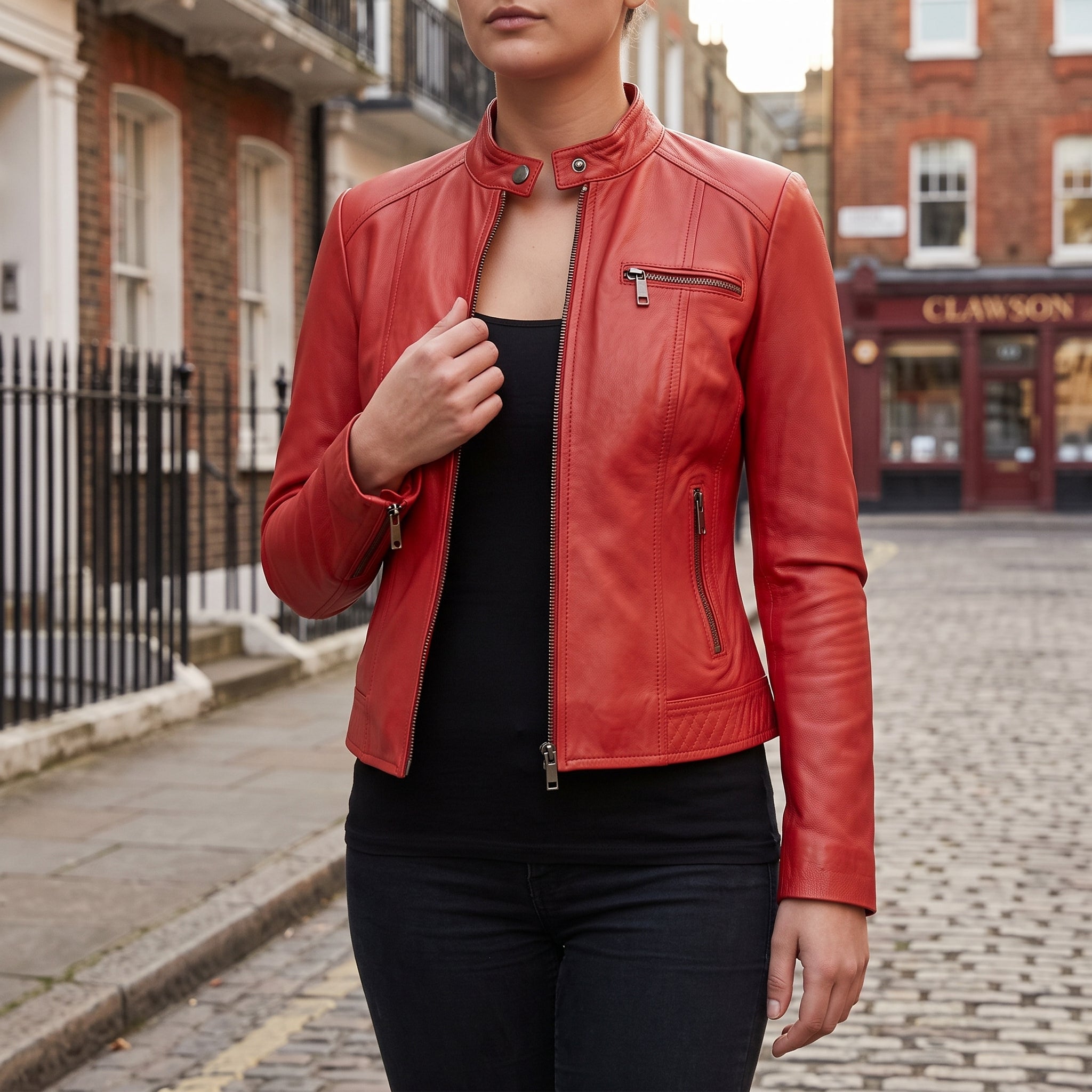 Women's Red Leather Cafe Racer Jacket — Clawson