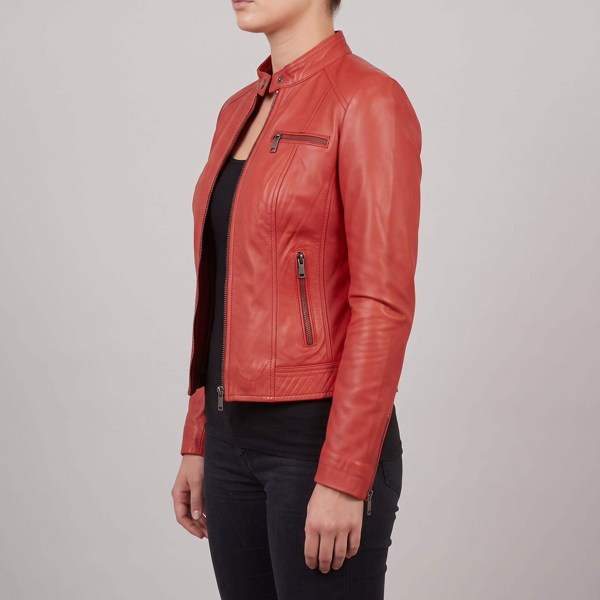 Women's Red Leather Cafe Racer Jacket — Clawson