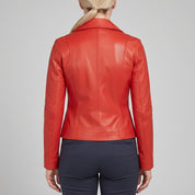 Women's Red Asymmetric Zip Leather Biker Jacket — Mortimer