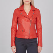 Women's Red Asymmetric Zip Leather Biker Jacket — Mortimer