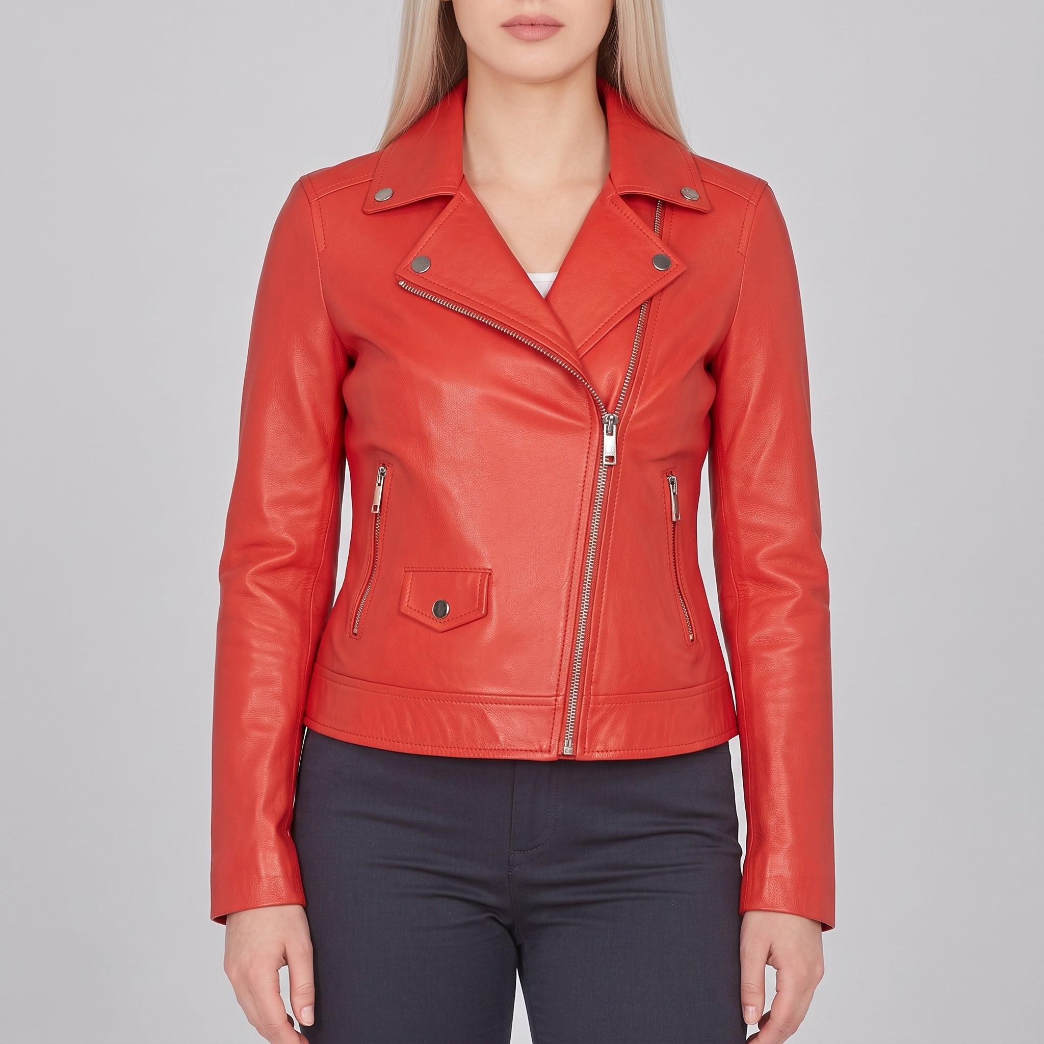 Women's Red Asymmetric Zip Leather Biker Jacket — Mortimer