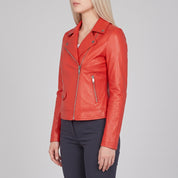 Women's Red Asymmetric Zip Leather Biker Jacket — Mortimer